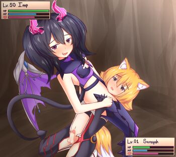 1futa 1girl absurdres animal_ears asphyxiation commission defeat demon_girl demon_horns demon_tail demon_wings domination dominatrix finishing_move flat_chest forced_exhibitionism fox_ears fox_girl fox_tail futa_with_female futa_without_pussy futanari gameplay_mechanics head_between_thighs headscissor health_bar held_down helpless highres horns imminent_penetration imminent_rape kitsune kneeling level_difference level_drain loli nervous penis restrained sarayah scissorhold small_penis small_testicles smug sonicphu struggling tail testicles wings