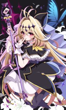 Rule 34 | 1girl, absurdres, ahoge, antenna hair, black dress, black pantyhose, black ribbon, black skirt, blonde hair, blue butterfly, blush, bug, butterfly, card, cure arcana shadow, dress, earrings, finger to mouth, flower, full body, gashitani, gem, hair ornament, hair ribbon, hashtag-only commentary, high heels, highres, holding, insect, jewelry, long hair, looking at viewer, magical girl, meitantei precure!, moria luluka, multicolored hair, neck ribbon, pantyhose, precure, red eyes, ribbon, skirt, sparkle, two-tone hair, wand, white flower, white wrist cuffs, wrist cuffs