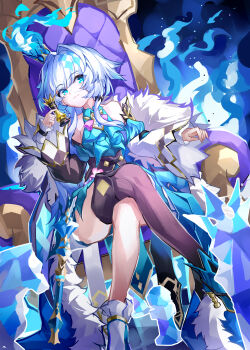 Rule 34 | 1girl, absurdres, asymmetrical legwear, bare shoulders, blue dress, blue eyes, blue hair, blush, breasts, cerydra (honkai: star rail), chess piece, crossed legs, crown, detached sleeves, diamond-shaped pupils, diamond (shape), dress, evzeva, grey hair, highres, holding, holding chess piece, holding scepter, honkai: star rail, honkai (series), long hair, long sleeves, looking at viewer, medium breasts, mini crown, scepter, sitting, smile, solo, symbol-shaped pupils, thighhighs