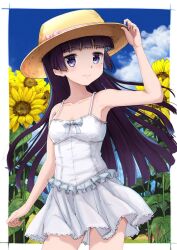 Rule 34 | 1girl, arm at side, armpits, bare arms, bare shoulders, black hair, blue eyes, blue sky, border, closed mouth, cloud, collarbone, commentary request, contrapposto, cowboy shot, dress, flat chest, floating hair, flower, frilled dress, frills, gokou ruri, hand on headwear, hat, highres, light blush, light smile, long hair, looking at viewer, mole, mole under eye, ore no imouto ga konna ni kawaii wake ga nai, outside border, sky, sleeveless, sleeveless dress, solo, standing, straw hat, sundress, sunflower, telaform, very long hair, white border, white dress