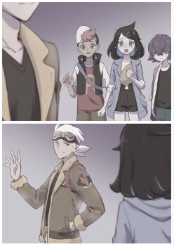 2boys 2girls androgynous baseball_cap black_hair black_shirt black_shorts black_vest blue_hair blue_jacket brown_jacket brown_pants collarbone colored_inner_hair crossed_bangs dot_(pokemon) friede_(pokemon) goggles goggles_on_head hand_in_pocket hat highres jacket liko_(pokemon) long_sleeves looking_back multicolored_hair multiple_boys multiple_girls nintendo oka_3776 open_clothes open_jacket open_mouth pants pokemon pokemon_(anime) pokemon_horizons print_shirt red_eyes red_shirt roy_(pokemon) shirt short_hair short_shorts shorts split_screen sweatdrop tears very_short_hair vest waving white_hair white_shirt
