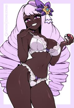 1girl absurdres bow bow_bra bow_panties bra breasts cleavage cowboy_shot dark-skinned_female dark_skin eyeshadow fascinator grin hands_up highres holding holding_poke_ball jacinthe_(pokemon) lace lace-trimmed_bra lace-trimmed_panties lace_trim large_breasts light-skinned_palms lingerie looking_at_viewer low_drills makeup mega_stone navel nintendo panties poke_ball poke_ball_(basic) pokemon pokemon_legends:_z-a purple_bow purple_eyes purple_eyeshadow purple_hair purple_nails scrimblocrimbo smile solo underwear very_dark_skin white_bra white_panties