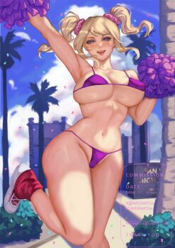 1girl 2024 armpits bikini blonde_hair blue_eyes breasts cleavage commentary commission confetti email_address english_commentary foot_out_of_frame hair_ornament hair_scrunchie highres holding holding_pom_poms juliet_starling large_breasts light_blush lollipop_chainsaw long_hair midriff navel open_mouth palm_tree pom_pom_(cheerleading) pom_poms purple_bikini red_shirt red_socks revealing_clothes scrunchie shirt sideboob sidelocks smile socks solo sweat swimsuit thank_you thighs tree twintails underboob wei_(promise_0820)