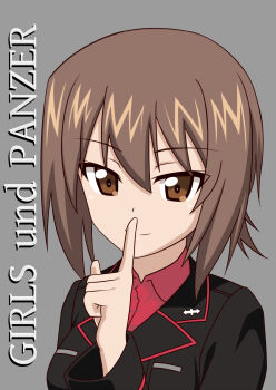 Rule 34 | 1girl, absurdres, bb (t12j076bt), black jacket, brown eyes, brown hair, collared shirt, finger to mouth, girls und panzer, grey background, hat, highres, jacket, kuromorimine military uniform, light smile, nishizumi maho, red shirt, shirt, short hair, smile, unworn hat, unworn headwear
