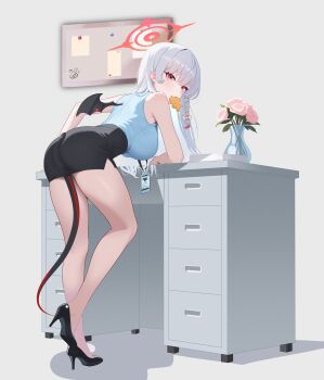 1girl absurdres alternate_costume bent_over black_wings blue_archive blue_shirt braid breasts commentary_request demon_tail demon_wings desk flower food food_in_mouth full_body grey_background grey_hair halo haruna_(blue_archive) hashtag-only_commentary high_heels highres id_card lanyard leaning_on_object long_hair miniskirt office_lady pencil_skirt pink_flower pink_rose red_eyes red_halo rose royalbunny003 shirt single_wing skirt sleeveless sleeveless_shirt solo tail tail_under_clothes taiyaki vase wagashi wings