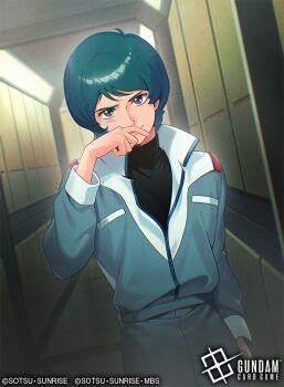 1boy aeug argama blue_eyes blue_hair commentary_request company_name copyright_name copyright_notice gundam gundam_card_game hallway hand_on_own_face kamille_bidan logo looking_at_viewer malo_(mlpmpmp) military_uniform official_art science_fiction solo spacecraft_interior sunrise_(company) title zeta_gundam