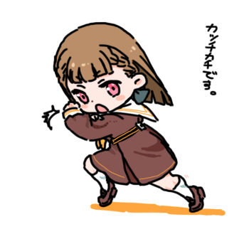 1girl black_bow blush_stickers bow braid brown_dress brown_hair brown_shoes center-flap_bangs commentary_request deformed dress full_body hair_bow hasu_no_sora_school_uniform kachimachi_kosuzu link!_like!_love_live! loafers looking_at_viewer love_live! lying medium_dress open_mouth pink_eyes pleated_dress sailor_collar sailor_dress school_uniform shinanoya_(satanicad) shoes side_braids simple_background socks solo v-shaped_eyebrows virtual_youtuber white_background white_sailor_collar white_socks winter_uniform