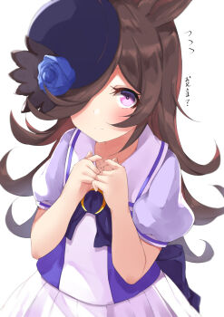 1girl asymmetrical_bangs back_bow blue_hat blush bow bowtie brown_hair commentary_request fidgeting flipped_hair flying_sweatdrops hair_over_one_eye hat highres horseshoe_ornament large_bow long_bangs long_hair looking_at_viewer pleated_skirt puffy_short_sleeves puffy_sleeves purple_bow purple_bowtie purple_eyes purple_shirt rice_shower_(umamusume) ryoutsu sailor_collar sailor_shirt school_uniform shirt short_sleeves simple_background skirt solo summer_uniform tilted_headwear tracen_school_uniform umamusume upper_body white_background white_skirt