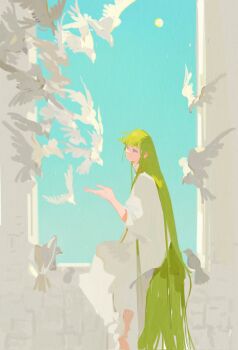 Rule 34 | 1other, androgynous, baggy pants, barefoot, beak, bird, bird wings, blue eyes, blue sky, closed mouth, commentary, day, ejmmnn, empty eyes, enkidu (fate), fate/grand order, fate (series), feathered wings, flying, from side, full body, green hair, half-closed eyes, hand up, highres, long hair, long sleeves, looking at animal, other focus, outdoors, pants, pigeon, robe, shadow, sidelocks, sitting, sky, solo, sun, untranslatable commentary, very long hair, white pants, white robe, wide sleeves, wings
