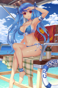 Rule 34 | 1girl, :o, ahoge, anklet, arm up, armband, armpits, barefoot, bikini, blue hair, breasts, chair, choker, cloud, crossed legs, day, earrings, feet, female focus, front-tie bikini top, front-tie top, full body, hair ribbon, innertube, jewelry, large breasts, lifeguard, lifeguard chair, loneteel, long hair, luthica preventer, navel, red eyes, ribbon, shading eyes, shiny skin, side-tie bikini bottom, sitting, sky, solo, strap gap, swim ring, swimsuit, sword girls, tareme, twintails, very long hair, watch, water, whistle, wristwatch