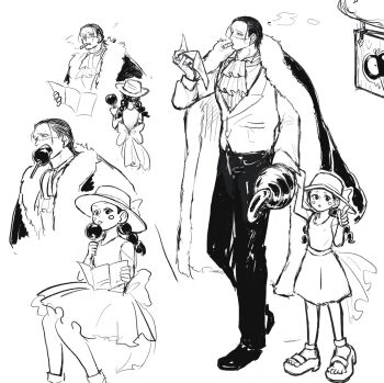 1boy 1girl ascot blush_stickers candy_apple cigar coat crocodile_(one_piece) f4ylu food full_body fur-trimmed_coat fur_trim greyscale hat highres holding_candy_apple holding_food hook_hand miss_goldenweek monochrome multiple_views one_piece smoke stitched_face stitches twintails