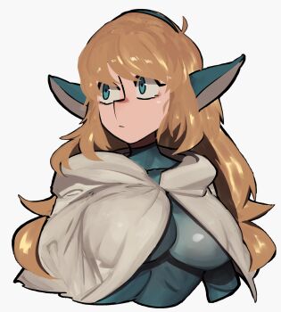 1girl animal_ears bakara blue_eyes blue_hairband breasts brown_hair cape closed_mouth dofus grey_cape hairband highres hood hood_down hooded_cape large_breasts long_hair mano_(manobece) simple_background skin_tight solo very_long_hair white_background