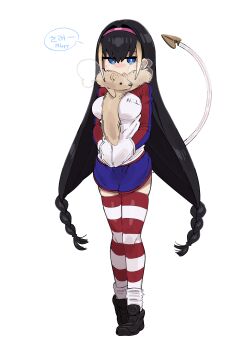 Rule 34 | 1girl, absurdres, animal scarf, black hair, blonde hair, blue eyes, braid, breasts, commentary request, full body, hairband, hands in pockets, highres, irokohaku, jacket, large breasts, lessar, long hair, looking at viewer, low-braided long hair, low-tied long hair, mechanical tail, multicolored hair, multicolored jacket, pink hairband, scarf, skirt, solo, striped clothes, striped thighhighs, tail, thighhighs, toaru majutsu no index, twin braids, very long hair, white background