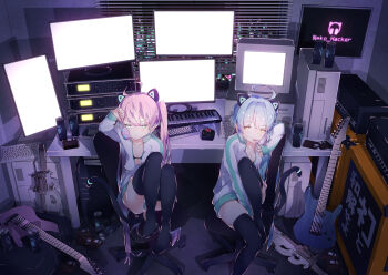 2girls animal_ears black_bra black_legwear blue_eyes blue_hair blush bra breasts can candy cat_ears cat_tail chair christ_signboard cleavage collarbone commentary computer computer_keyboard computer_tower copyright_name desk floppy_disk food guitar highres hoji_(hooooooooji1029) hood hoodie indoors instrument keyboard_(instrument) licking logo lollipop long_hair long_sleeves looking_at_viewer mechanical_keyboard medium_breasts monitor multiple_girls music neko_hacker night no_pants no_shoes office_chair open_clothes open_hoodie pink_hair screen_light sera_(neko_hacker) sho_(neko_hacker) sitting small_breasts swivel_chair synthesizer tail thighhighs thighs underwear vertical_monitor white_hoodie window window_blinds yellow_eyes