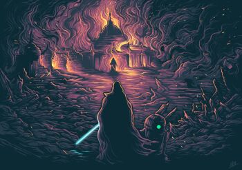 Rule 34 | 1boy, 1girl, ayumu (0413mini), cloak, energy sword, fire, highres, hood, hooded cloak, jedi, kylo ren, lightsaber, night, outdoors, r2-d2, rey (star wars), robot, rock, ruins, scenery, school, sith, smoke, spoilers, star wars, star wars: the last jedi, sword, temple, tunic, weapon