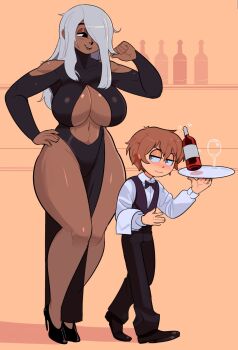 age_difference bottle breasts brown_hair dark-skinned_female dark_skin hetero highres huge_breasts lady_magnolia_(trickstaboy) newtype_hero onee-shota roy_(trickstaboy) shorter_male shota taller_female waiter white_hair wine_bottle