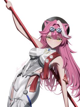 absurdres animal_ears armor bare_shoulders black_hat bodysuit breastplate breasts closed_mouth commentary cosplay english_commentary goggles goggles_on_head hat highres holding holding_polearm holding_weapon hololive hololive_english long_hair looking_at_viewer lupa_(wuthering_waves) lupa_(wuthering_waves)_(cosplay) medium_breasts multicolored_hair pink_hair polearm raora_panthera red_4710 red_sash sash signature simple_background smile streaked_hair virtual_youtuber weapon white_background white_bodysuit wuthering_waves yellow_eyes