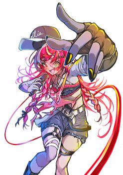 1girl alternate_costume alternate_hairstyle artist_name audience bandaged_arm bandages baseball_cap belt black_boots black_gloves black_nails boots bow bra braid braided_ponytail clothes_writing collarbone colored_skin colored_tongue commentary cropped_shirt denim denim_shorts english_commentary fang feet_out_of_frame fingerless_gloves floating_hat foreshortening gloves glowing glowing_eye green_gloves grey_skin hair_bow hat heterochromia highres holding holding_microphone hololive hololive_indonesia idol idol_clothes kghazir kureiji_ollie long_hair looking_at_viewer microphone mismatched_pupils multicolored_hair multicolored_skin music o-ring o-ring_bra open_mouth outside_border patchwork_skin pink_bra pink_hair pink_hat pink_shirt purple_tongue red_eyes red_hair shirt shorts singing single_braid single_glove smile solo sparkle stitched_arm stitched_chest stitched_face stitched_leg stitches symbol-shaped_pupils thighs torn_clothes torn_shirt transparent_background two-tone_skin underwear very_long_hair virtual_youtuber white_belt x-shaped_pupils yellow_eyes zombie