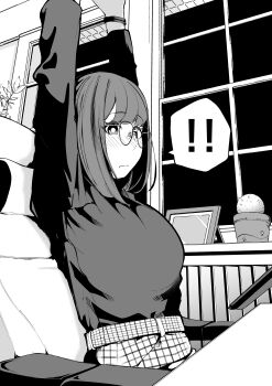 ! !! 1girl :d :o absurdres arms_up blush commentary_request glasses greyscale highres long_sleeves medium_hair monochrome open_mouth original picture_frame shinme08 sitting smile speech_bubble spoken_exclamation_mark wristband