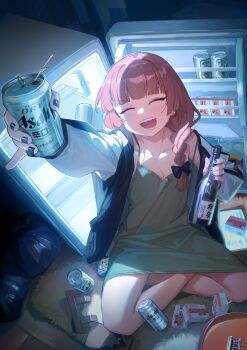 1girl absurdres alcohol alcohol_carton asahi_breweries beer beer_can black_nails bocchi_the_rock! bottle breasts can cleavage closed_eyes crossed_legs dress drink drink_can drink_carton from_above geta green_dress hair_over_shoulder hashtag-only_commentary highres hiroi_kikuri hokushuu holding holding_bottle holding_can holding_drink indian_style indoors jacket multicolored_jacket off_shoulder open_mouth pinky_out refrigerator refrigerator_interior sake_bottle sharp_teeth shoes sitting solo teeth two-tone_jacket unworn_shoes