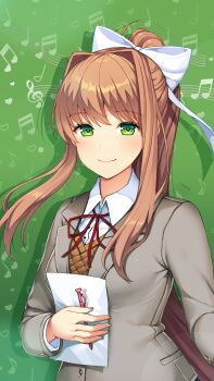 1girl blush brown_hair brown_sweater_vest closed_mouth collared_shirt doki_doki_literature_club doki_doki_literature_club_school_uniform eyelashes green_background green_eyes grey_jacket hair_intakes hair_ribbon heart highres holding holding_paper holding_pen jacket long_hair monika_(doki_doki_literature_club) musical_note neck_ribbon official_art official_wallpaper paper pen ponytail red_ribbon ribbon satchely school_uniform second-party_source shirt sidelocks smile solo sweater_vest treble_clef upper_body variant_set white_ribbon white_shirt