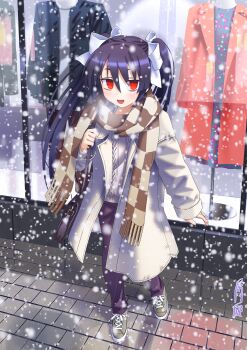 Rule 34 | 1girl, bag, black hair, breath, coat, commentary request, full body, handbag, highres, long hair, looking at viewer, mix tou, okuribi, open mouth, outdoors, rance (series), rance x, red eyes, scarf, smile, snowing, solo, sweater, twintails, window, winter