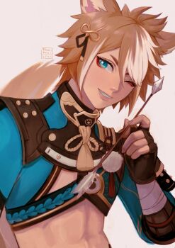 1boy abs animal_ears aqua_eyes aqua_shirt armor arrow_(projectile) black_gloves commentary cowboy_shot cropped_shirt english_commentary eyeliner fingerless_gloves genshin_impact gloves gorou_(genshin_impact) highres holding holding_arrow japanese_armor kookirani long_sleeves looking_to_the_side makeup male_focus midriff parted_bangs red_eyeliner shirt sideways_glance simple_background solo tail toned toned_male white_background