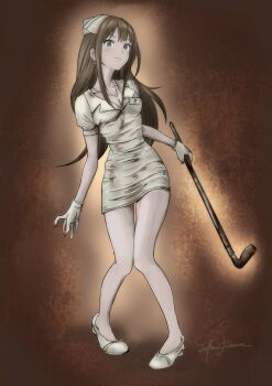 Rule 34 | 1girl, absurdres, breasts, brown hair, bubble head nurse, bubble head nurse (cosplay), cleavage, closed mouth, cosplay, dirty, dirty clothes, earrings, full body, gloves, green eyes, hat, highres, holding, holding lead pipe, idolmaster, idolmaster cinderella girls, jewelry, lead pipe, long hair, looking at viewer, necklace, nurse, nurse cap, shibuya rin, shoes, signature, silent hill (series), silent hill 2, solo, standing, veins, white gloves, white shoes, yoppe0131