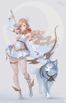 1girl absurdres animal arrow_(projectile) artemis_(mythology) blonde_hair bow_(weapon) braid breasts bridal_gauntlets center_opening character_name cleavage commentary commission crescent crown_braid dress elbow_gloves full_body gladiator_sandals gloves greek_mythology highres holding holding_arrow holding_bow_(weapon) holding_weapon jewelry long_hair looking_at_viewer qingli_ye quiver sandals smile solo standing thighlet weapon white_dress white_gloves wolf