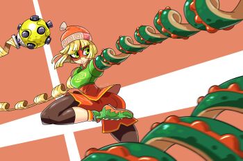 Rule 34 | 1girl, absurdres, arms (game), beanie, blonde hair, blunt bangs, bob cut, extendable limbs, eye mask, green eyes, green shoes, hat, high tops, highres, leg up, leggings, leggings under shorts, mask, megawatt (arms), min min (arms), orange shirt, orange shorts, podrace explode, shirt, shoes, short hair, shorts, sneakers, solo