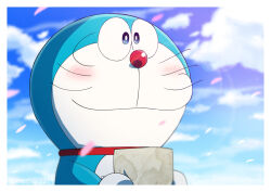Rule 34 | 1boy, artist name, blue eyes, blue sky, blush, cherry blossoms, closed mouth, collar, doraemon, doraemon (character), highres, holding, holding photo, looking ahead, male focus, masser0209, photo (object), red collar, sky, smile, upper body, whiskers