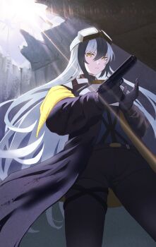 1girl aircraft black_gloves black_hair black_jacket black_pants closed_mouth commentary commentary_request cowboy_shot english_commentary from_below gloves goggles goggles_on_head gun hair_between_eyes handgun helicopter highres holding holding_gun holding_weapon jacket ladder long_hair long_sleeves looking_at_viewer mixed-language_commentary multicolored_hair open_clothes open_jacket original oro_(lsg0624) pants rope_ladder ruins serious solo two-tone_hair weapon white_hair yellow_eyes