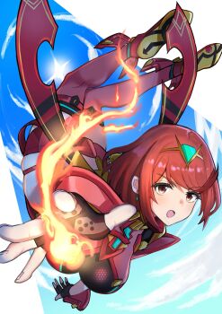 1girl breasts chest_jewel core_crystal_(xenoblade) falling fire highres large_breasts midair pyra_(xenoblade) red_eyes red_hair red_shorts red_thighhighs short_hair shorts solo thighhighs tiara upside-down xenoblade_chronicles_(series) xenoblade_chronicles_2 yamame_012