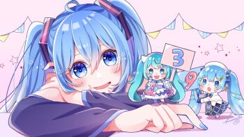 39 3girls ahoge aqua_eyes aqua_hair beret blue_bow blue_eyes blue_gloves blue_hair blue_nails blue_trim blush bow chibi detached_sleeves dress gloves gold_trim hair_between_eyes hair_bow hair_ornament hat hatsune_miku highres holding holding_sign long_hair long_sleeves looking_at_viewer lying magical_mirai_(vocaloid) magical_mirai_miku magical_mirai_miku_(2020_winter) mamec0s miku_day multiple_girls multiple_hair_bows nail_polish official_alternate_costume official_alternate_hairstyle open_mouth sign signature single_thighhigh smile snowflake_print tabs thighhighs twintails very_long_hair white_dress white_hat wide_sleeves yuki_miku yuki_miku_(2021)