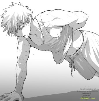 1boy bakugou_katsuki boku_no_hero_academia bulge exercising greyscale highres male_focus monochrome open_mouth oroshi_mi pants push-ups scar scar_on_arm scar_on_chest shadow short_hair simple_background solo spiked_hair sweat tank_top toned toned_male very_sweaty white_background