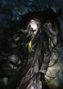 Rule 34 | 1girl, absurdres, animal ears, black coat, black gloves, black horse, black theme, bridle, coat, commentary, cowboy shot, creature and personification, gloves, hair over one eye, hashtag-only commentary, highres, horse ears, horse girl, manhattan cafe (racehorse), manhattan cafe (umamusume), necktie, personification, real life, seapall, umamusume, yellow eyes, yellow necktie