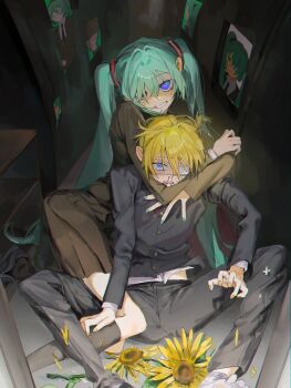 1boy 1girl @_@ black_socks blood canm0_3 choke_hold eyepatch flower gakuran hatsune_miku heart heart-shaped_pupils highres kagamine_len medical_eyepatch monitoring_(vocaloid) nosebleed school_uniform socks spread_legs strangling sunflower symbol-shaped_pupils vocaloid yellow_nails