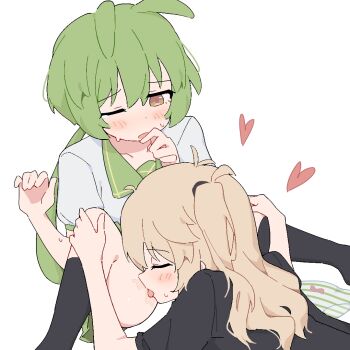 2girls animal_ears between_legs black_shirt black_socks blush brown_eyes closed_eyes commentary_request giryu green_hair heart kasukabe_tsumugi licking_thigh long_hair multiple_girls one_eye_closed panties saliva shirt short_sleeves simple_background socks spread_legs striped_clothes striped_panties sweatdrop twintails underwear unworn_panties voicevox white_background white_shirt yuri zundamon