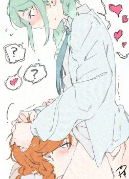 2girls ? adversarial_noise between_legs blue_necktie braid commentary_request cunnilingus green_hair hand_on_another&#039;s_head hands_on_another&#039;s_head heart highres love_live! love_live!_superstar!! multiple_girls necktie onitsuka_tomari oral orange_hair red_eyes shibuya_kanon shirt spoken_heart spoken_question_mark surfacedxxc twin_braids white_shirt yuri