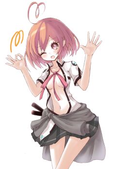 10s 1girl :d ;d ahoge bad_id bad_pixiv_id blush breasts buran_(kure) female_focus kami_jigen_game_neptune_v marvelous marvelousaql_(neptunia) musical_note-shaped_pupils navel neptune_(series) no_bra one_eye_closed open_clothes open_mouth open_shirt red_eyes red_hair ribbon shirt short_hair skirt smile solo symbol-shaped_pupils wink