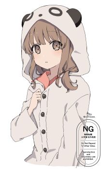 1girl absurdres animal_ears animal_hood azusagawa_kaede brown_eyes brown_hair hair_over_shoulder hand_up highres hood hood_up long_hair long_sleeves looking_at_viewer low_twintails onesie panda_ears panda_hood parted_lips pink_shirt seishun_buta_yarou shirt signature simple_background sofra solo twintails twitter_username watermark white_background wide_sleeves