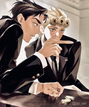 Rule 34 | 2boys, alternate costume, black hair, black jacket, black necktie, black suit, blonde hair, braid, bullet, commentary, formal clothes, giorno giovanna, green eyes, guido mista, highres, jacket, jojo no kimyou na bouken, male focus, multiple boys, necktie, no headwear, pointing, single braid, suit, suit jacket, table, vento aureo, zu okr