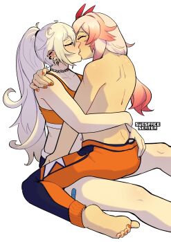 2girls absurdres barbell_piercing blush closed_eyes commentary ear_piercing earrings english_commentary french_kiss fu_hua gradient_hair hand_on_another's_shoulder hand_on_another's_waist highres honkai_(series) honkai_impact_3rd industrial_piercing jewelry kiana_kaslana kiss long_hair midriff multicolored_hair multiple_girls nail_polish navel necklace orange_nails orange_pants orange_sports_bra pants piercing pink_hair ponytail simple_background sports_bra subspaceskater toenail_polish toenails topless_female white_background white_hair yuri
