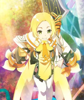Rule 34 | 1girl, blonde hair, braid, braided twintails, breasts, capelet, dot nose, dress, feet out of frame, forehead, game cg, green eyes, grin, hair ornament, hand on own hip, holding, holding sword, holding weapon, huge weapon, inubouzaki fuu, leaning forward, looking at viewer, low twintails, magical girl, official art, parted bangs, pelvic curtain, small breasts, smile, solo, sword, thighhighs, third-party source, toji no miko, toji no miko: kizamishi issen no tomoshibi, twintails, weapon, white capelet, white thighhighs, yellow dress, yuuki yuuna wa yuusha de aru, yuusha de aru
