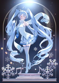 1girl absurdres ahoge aqua_necktie aqua_trim boots breasts character_name closed_eyes closed_mouth commentary_request croix_(croixtw) detached_sleeves hair_between_eyes hair_ornament hatsune_miku headset highres long_hair long_sleeves medium_breasts mittens musical_note necktie official_alternate_costume partial_commentary pleated_skirt scarf shirt skirt smile snowflake_print snowflakes thick_thighs thigh_boots thighhighs thighs twintails very_long_hair vocaloid white_hair white_mittens white_scarf white_shirt white_skirt wide_sleeves yuki_miku yuki_miku_(2011) zettai_ryouiki