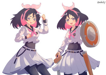 +_+ 1girl :d absurdres artist_name black_pantyhose bow colored_inner_hair commentary covered_navel hair_bow highres holding holding_shield jougamine_aki long_sleeves medium_hair mibukyt multicolored_hair multiple_views open_mouth pantyhose pink_hair scum_of_the_brave sheath shield shirt skirt smile standing sword two-tone_hair weapon white_background white_shirt white_skirt