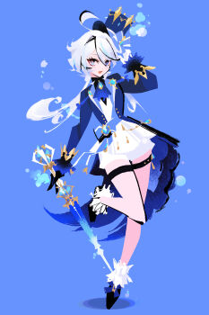 1girl absurdres asymmetrical_gloves bare_legs black_gloves block_heels blue_background blue_bow blue_eyes blue_hair bow eyelash_ornament footwear_bow furina_(genshin_impact) genshin_impact gloves hair_between_eyes hand_up hat heterochromia highres looking_at_viewer manodemarina open_mouth splendor_of_tranquil_waters_(genshin_impact) standing standing_on_one_leg top_hat white_gloves