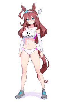 1girl ahoge animal_ears bare_shoulders bikini blue_eyes blush breasts brown_hair buruma closed_mouth collarbone commentary detached_sleeves english_commentary full_body grey_hairband hair_between_eyes hairband horse_ears horse_girl horse_tail large_breasts long_hair looking_at_viewer mihono_bourbon_(umamusume) revenantart shoes silver_hairband simple_background socks solo sports_bikini sports_bra standing swimsuit tail track_uniform umamusume white_background white_buruma white_sleeves white_socks white_sports_bra