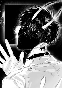 1boy black_hair box coat commentary demon_horns english_commentary faceless facing_viewer from_behind glowing greyscale hand_up highres horns kim_dokja looking_back male_focus messy_hair monochrome omniscient_reader&#039;s_viewpoint open_clothes open_coat owlaoao popped_collar shaded_face short_hair solo sparkle upper_body waving white_coat