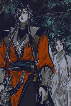 2boys bandaged_neck bandages belt black_belt black_hair black_nails black_pants black_sash black_shirt bracelet brown_eyes butterfly_necklace chinese_clothes closed_mouth e-ming_scimitar earrings eyepatch grey_eyes hair_bun hanfu highres holding holding_sword holding_weapon hua_cheng implied_yaoi jewelry long_hair long_sleeves looking_at_another looking_at_viewer male_focus mandarin_collar multiple_belts multiple_boys nail_polish necklace night official_art one_eye_covered outdoors pants parted_lips pointy_ears red_hanfu ribbon sash scimitar sheath shirt silver_bracelet silver_necklace single_hair_bun standing starember sword tassel tianguan_cifu tree turtleneck undershirt weapon white_hanfu white_ribbon xie_lian